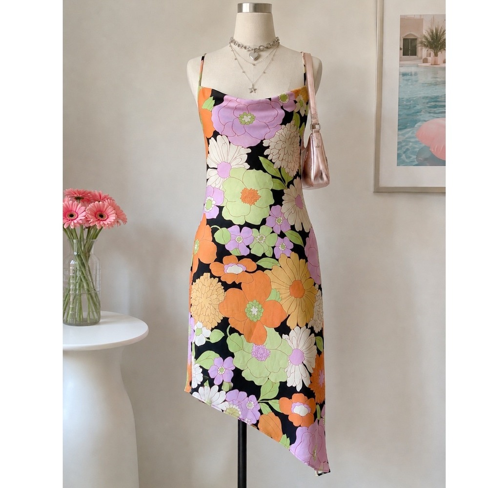 Forever 21 Floral Cowl Neck Asymmetrical Midi Dress Retro Y2K Style Groovy M